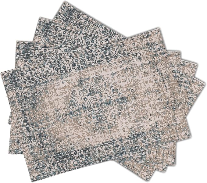 Grey Brown Ethnic Boho Placemats Set of 4 Bohemian Carpet Vintage Gray Linen Washable Kitchen Dining Table Mats Stain Heat-Resistant Desktop Decor Place Mats for Home Party Indoor 12x18 in