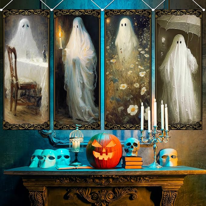 PATIAI Halloween Decorations 4 Pcs Vintage Halloween Hanging Banner Ghost Holding A Candle Photo Banner Backdrop for Indoor Outdoor