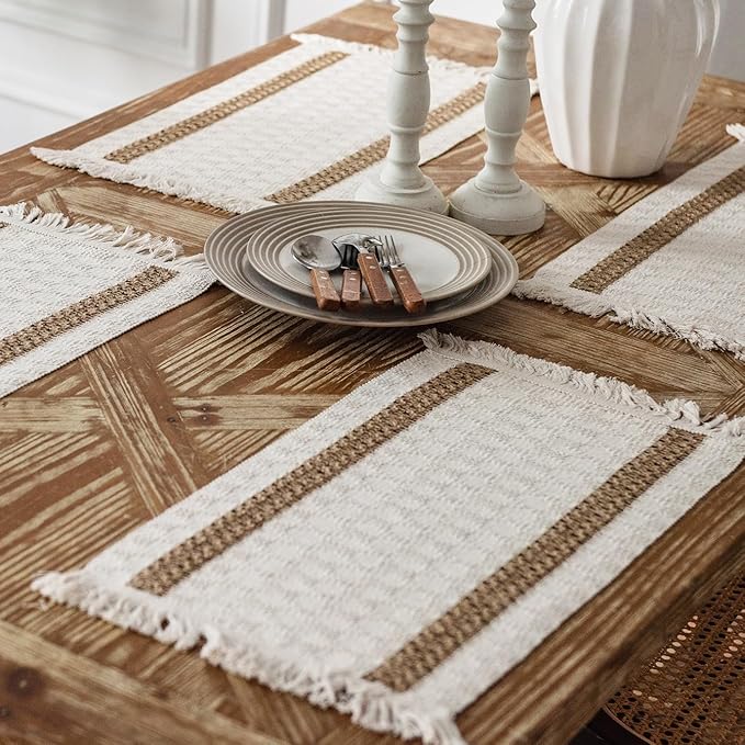 Boho Placemats Set of 4, Splicing Woven Placemat 12 x 19 Inches, Burlap Rustic Place Mat, Kitchen Table Heat-Resistant Table Mats