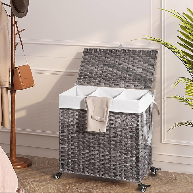 GREENSTELL Laundry Hamper with Wheels&Lid, 130L Large 3 Sections Clothes Hamper with 2 Types Removable Liner Bags, 5 Mesh Laundry Bags, Handwoven Divided Laundry Basket Gray