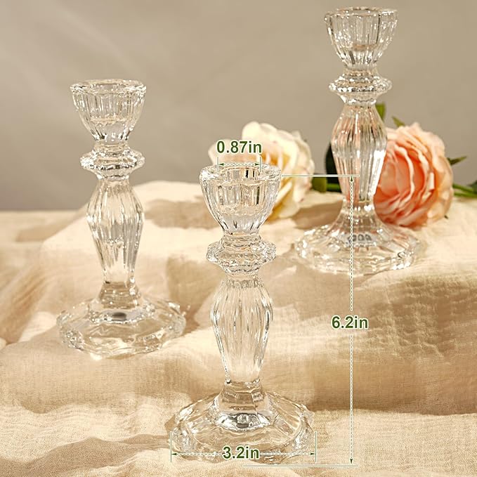 6.2" Tall Glass Candle Holder Set of 6 Taper Candle Holders for Candlesticks Clear Crystal Glass Candlestick Holders Candle Sticks Holder Decor for Wedding, Birthday, Thanksgiving,Housewarming