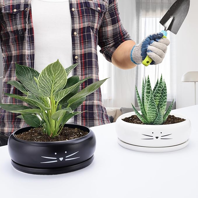 Koolkatkoo 8 Inch Cat Ceramic Succulent Planter Pot with Drainage Hole and Tray Flower Pot for Indoor and Outdoor Plants Round Shallow Planter Gifts for Cat Lovers Black