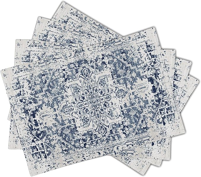 Navy Blue Grey Ethnic Boho Placemats Set of 4 Bohemian Carpet Vintage Gray Linen Washable Kitchen Dining Table Mats Stain Heat-Resistant Desktop Decor Place Mats for Home Party Indoor 12x18 in
