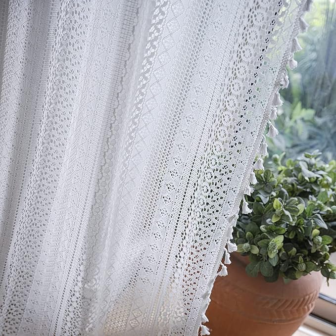 Boho Sheer Lace Curtain Crochet Vintage with Handmade Macrame Tassel Knitted Window Treatment Drape for Bedroom Living Room Kitchen (1 Panel Crochet White, 59"x 84")