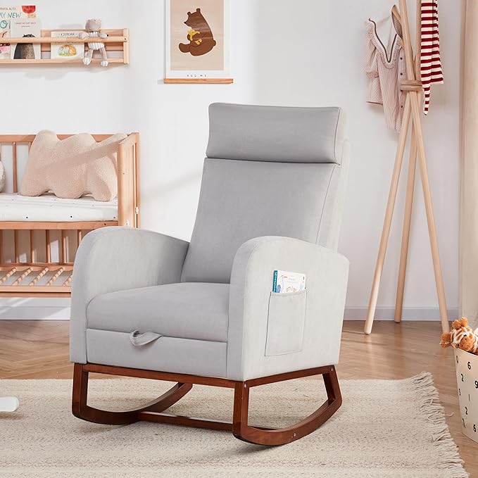 Rocking Chair Nursery Chair with Foot Rest, Nursery Rocking Chairs with High Back, Glider Rocking Chair with Pocket, Baby Nursery Glider Rocker, Nursing Chair Accent Living Room (Linen Grey)