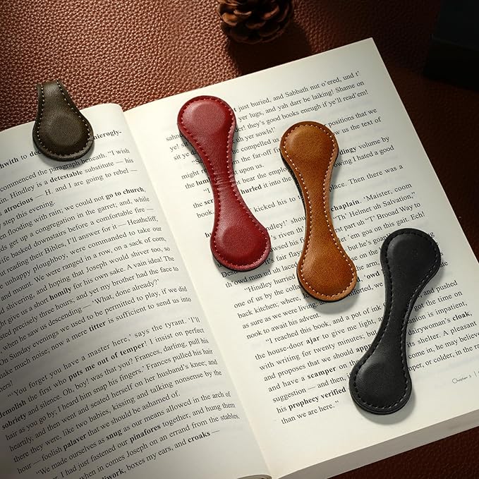Leezmark 4 Pcs Magnetic Bookmarks, Classic Stitched Leather Bookmark, Lasable Engravable Blanks, Page Markers Reading Gifts for Book Lovers, Readers, Teachers, Leather Book Marks for Men Women