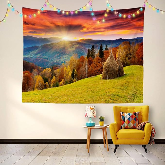 BaoNews Mountain Autumn Landscape Tapestry, Autumn Season Countryside Landscape Meadow Trees Large Wall Hanging Tablecloths Tapestry Bedroom Living Room Dorm 51.2 x 59.1 inches(Orange Wood Yellow)