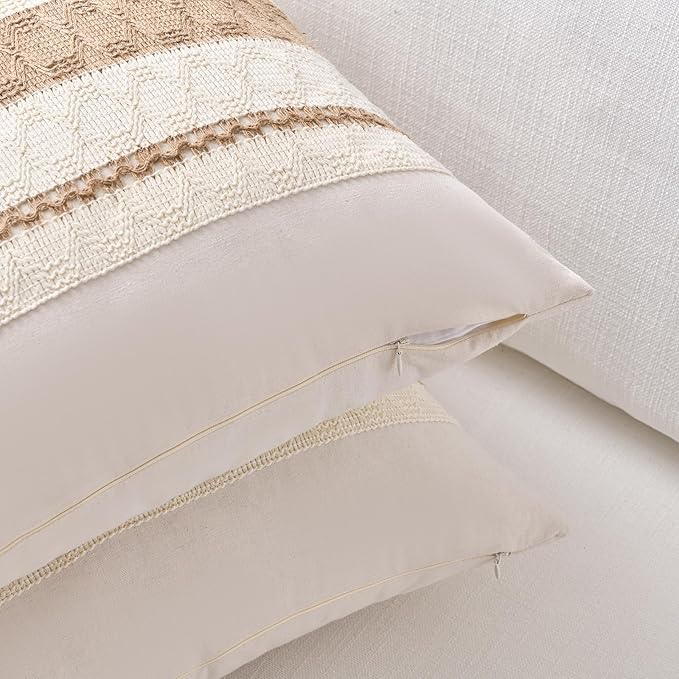 Fancy Homi Set of 2 Boho Neutral Decorative Throw Pillow Cover 20x20 Inch for Couch Bed Sofa, Aesthetic Modern Organic Farmhouse Home Decor, Soft Cotton Cute Accent Macrame Woven Tan Cushion Case