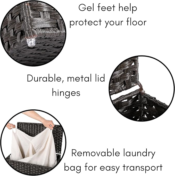 BIRDROCK HOME Laundry Hamper with Lid - Hand Woven PE Rattan Divided Sorter with Removable Liner Bags - Large Collapsible & Foldable Bin Clothes Basket Organizer for Bedroom & Bathroom - Double, Brown