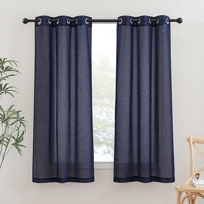 NICETOWN Living Room Curtains 63 inch Length, Grommet Semi Sheer Linen Curtains & Drapes Privacy with Light Filtering for Farmhouse/Bedroom, W36 x L63, Dark Blue, 2 Panels