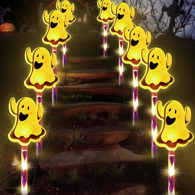 LOLStar Halloween Ghost Decorations 5-Pack Halloween Pathway Lights Outdoor, Waterproof Battery Operated Walkway Garden Stake Lights Makers with Timer 8 Flash Mode Light Up for Yard Patio Lawn Grave