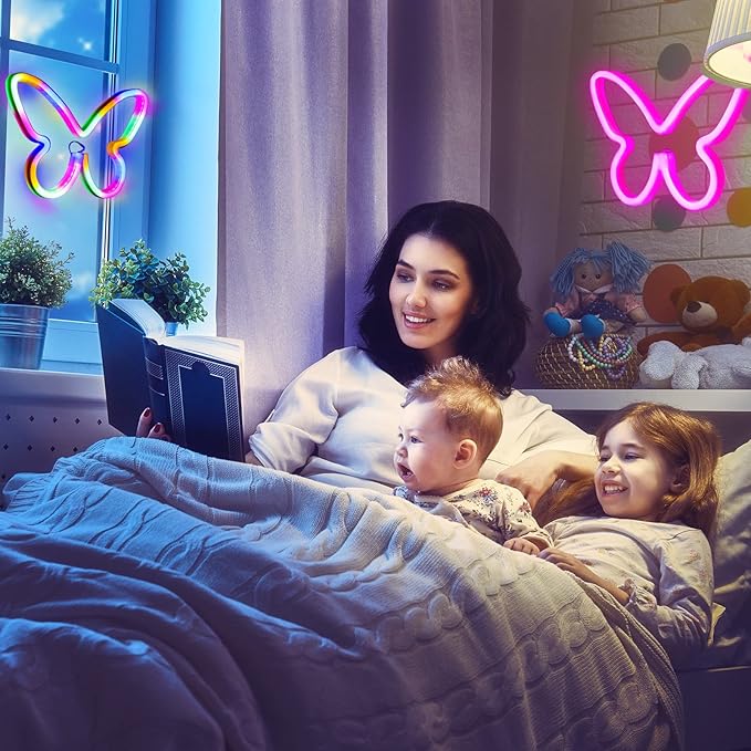 Riakrum 2 Pcs Butterfly Neon Signs LED Light 3AA Battery Powered USB Operated Wall Neon Light Decor Butterfly Wall Art for Christmas Home Bedroom Birthday Party Decor(Pink, Colorful)
