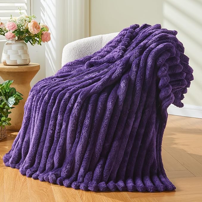 NEWCOSPLAY Super Soft King Blanket Purple Premium Silky Flannel Fleece 3D Ribbed Jacquard Lightweight Bed Blanket All Season Use (Purple Ribbed, King(90"x110"))