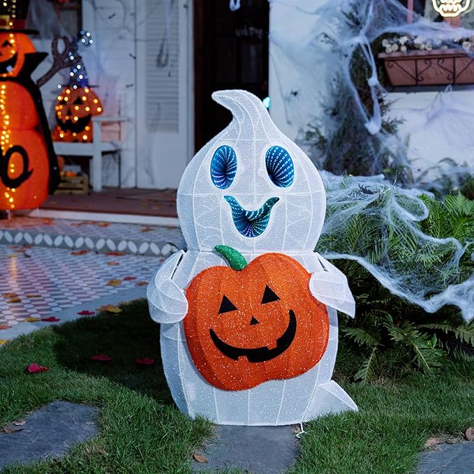 Halloween Ghost Decor, 128 LED Pre-Lit Ghost Halloween Decorations with Animated Eyes Cute Light Up Ghost Holding Pumpkin Glowing Ghosts Fall Decor for Outdoor, Indoor, Yard, Porch, Garden
