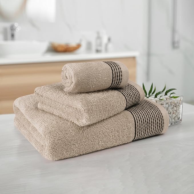 Belizzi Home Ultra Soft 3 Pack Cotton Towel Set, Contains a Bath Towel 28x55 inch, a Hand Towel 16x24 inch & a Wash Coth 12x12 inch, Ideal Everyday use, Compact & Lightweight -Tan