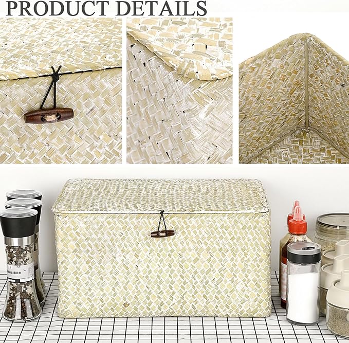 Hipiwe Wicker Shelf Baskets Bin with Lid, Large Natural Seagrass Basket Storage Bins Handwoven Rectangular Household Basket Boxes for Shelf Wardrobe Home Organizer and Decor, Whitewash