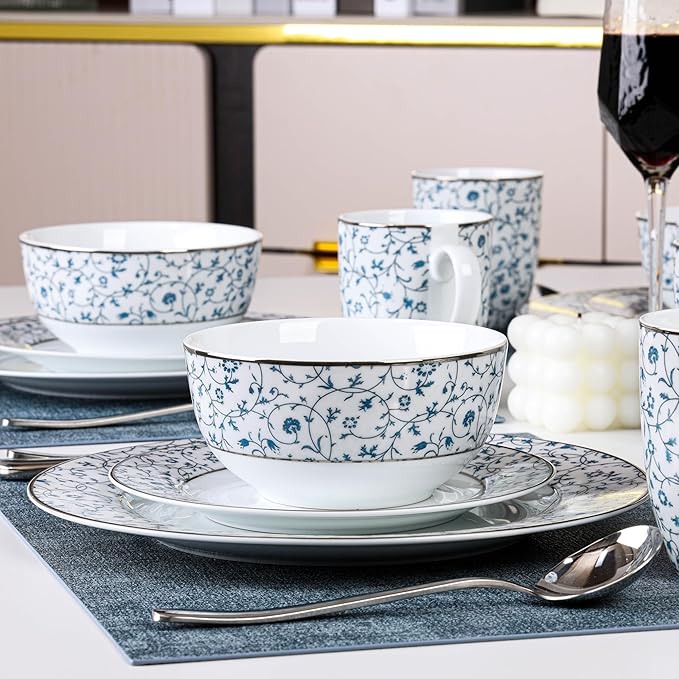 20-Piece Dinnerware Set for 4 - Blue and White Floral Design, Hand-Gilded Gold Rim