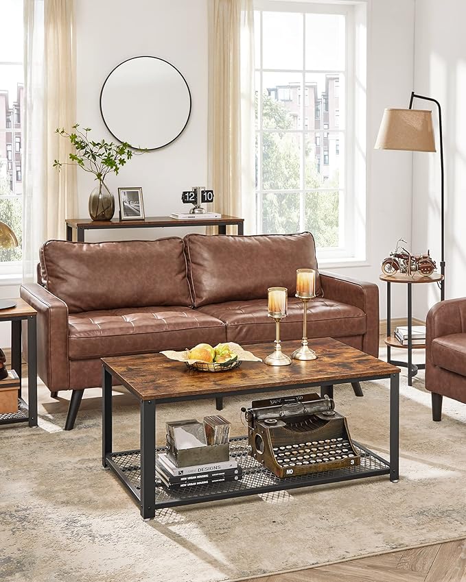 VASAGLE Coffee Table for Living Room, 2-Tier Cocktail Table, Center Table with Mesh Shelf, Steel Frame, Adjustable Feet, Industrial Style, Rustic Brown and Black ULCT61X