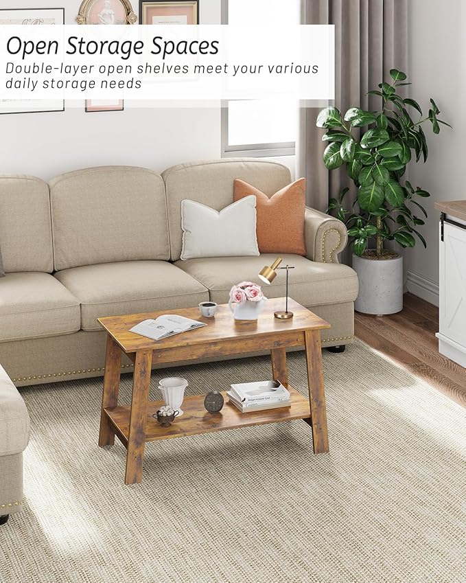 2-Tie Coffee Table, Rustic Wood Living Room Tables with Open Rectangular Storage Compartment, Coffee Tables for Living Room, Outdoors, Home Office, Bedroom, Retro Brown