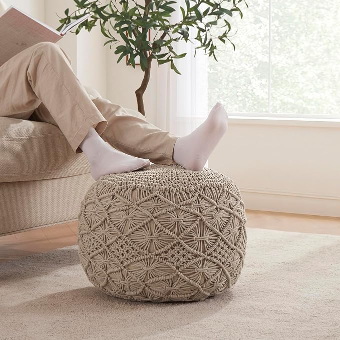 Ornavo Home Pouf Ottoman Foot Rest - 100% Cotton Pouffe - Hand Knitted Macrame Braid - Boho Round Stuffed Ottoman for Living Room, Bedroom - Beige