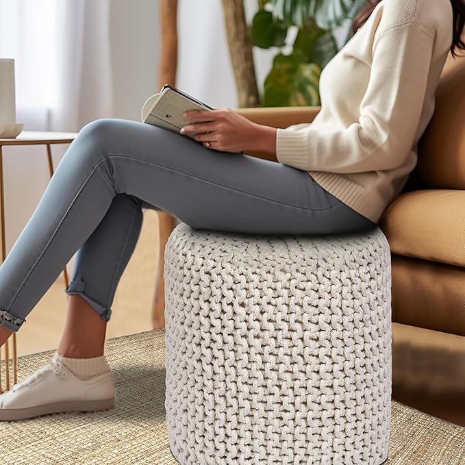 COTTON CRAFT Braided Round Pouf - Hand Knitted Cotton Cord Cable Dori Cylindrical Ottoman - Foot Stool - Floor Pouf - Footrest - Accent Seat - Living Room Bedroom Dorm Décor - 15 Round x 16 H - Ivory