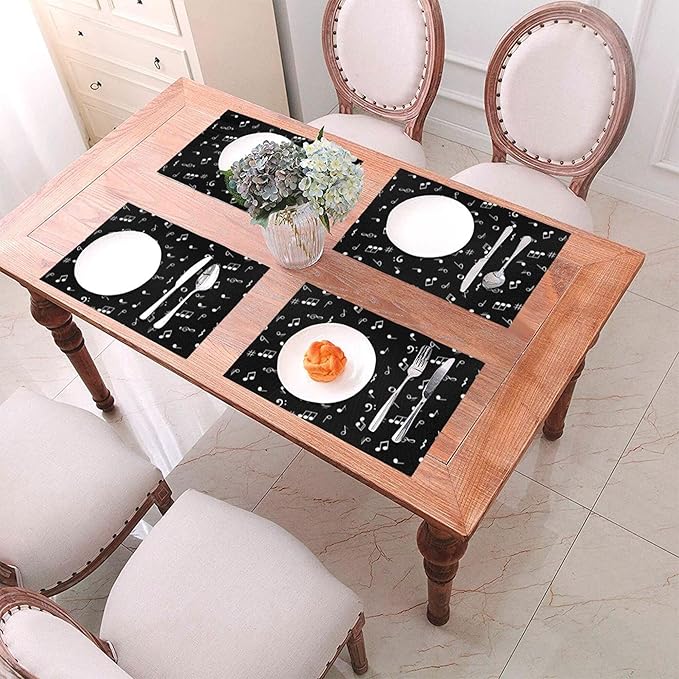 Music Notes Placemats Set of 4 Musicial Lover Dining Table Mats Washable Black Place Mats for Kitchen Dinner Parties Wedding Decorative Coffee Mat 12"x18"
