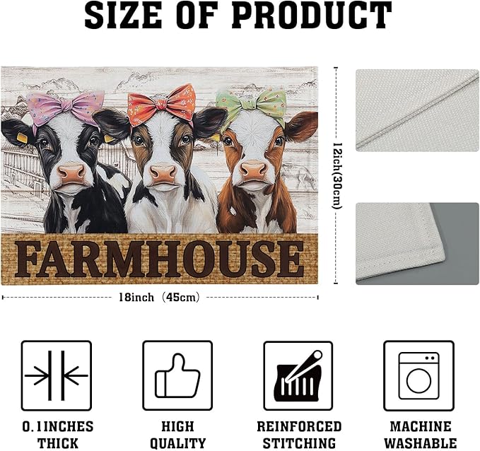 Cute Cow Farmhouse Placemats 4pcs, Farm Animal Tabletop Mat Rustic Style Non-Slip Washable Place Mats 12 x 18 Inch for Holiday Kitchen Dining Decor