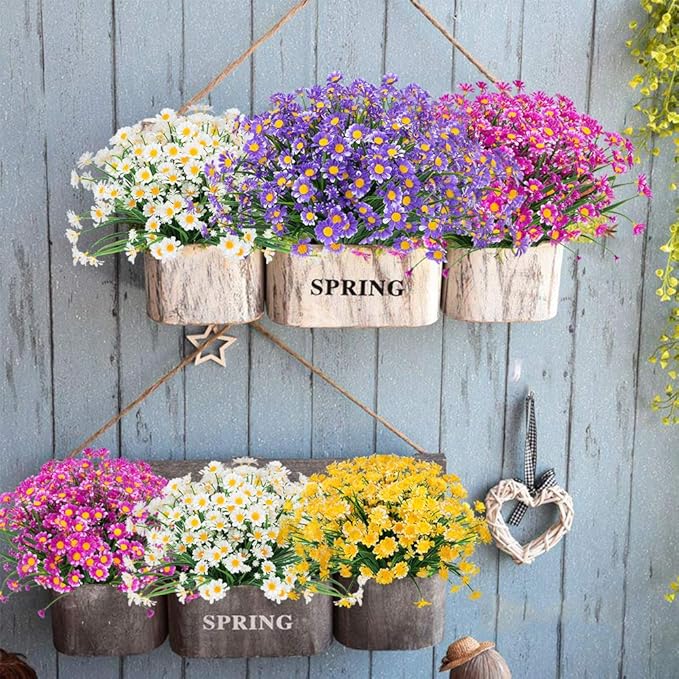 8 Bundles Artificial Daisies Flowers Outdoor UV Resistant Fake Foliage Greenery Faux Plants Shrubs Plastic Bushes for Window Box Hanging Planter Farmhouse Indoor Outside Decor(Purple)