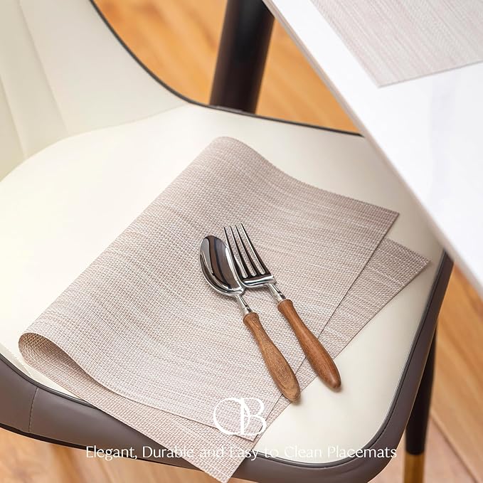 Placemats Set of 6 - Easy Clean Woven Vinyl Placemats for Dining Table, Indoor/Outdoor Place Mats, Washable PVC Table Mats(Beige)