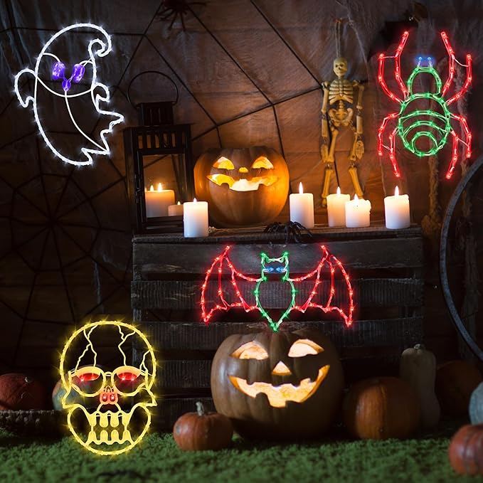 Halloween Window Lights - 16" Halloween Window Silhouette Holiday Displays - 4 Pack Colour Lighted Bats & Ghost & Spider & Skull Head for Holiday Indoor and Outdoor Wall Door Window Decorate