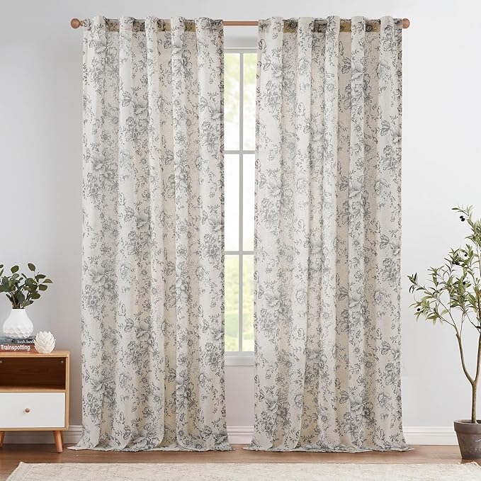 jinchan Linen Blend Curtain Floral Curtains for Living Room 96 Inch Length Grey Printed Curtain Back Tab Farmhouse Peony Flower Patterned Drapes Bedroom Window Curtains Set 2 Panels