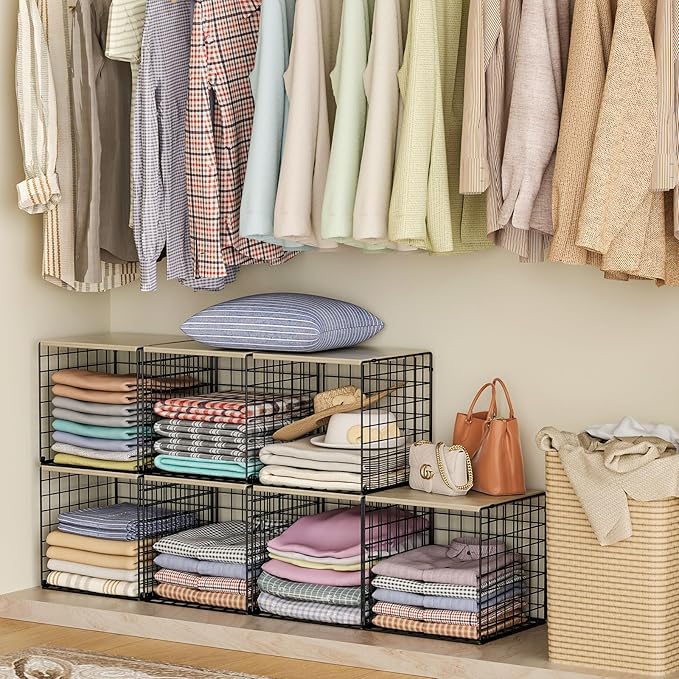 4-Tier Stackable Closet Organizers and Storage Basket, Shelves with Wood Top, Foldable Clothes Storage Bin/Cube Drawer Organizer for Wardrobe, Space-Saving, Closet Organization,Black(Patent Pending) ๏ปฟ