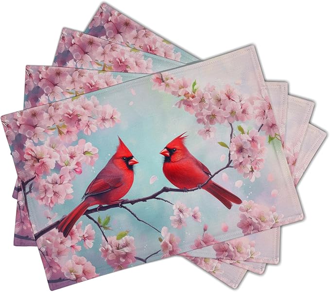 Giwawa Spring Birds Placemats Set of 4-12x18 Inch Red Bird Cherry Blossom Floral Place Mat- Stain Heat Resistant Linen Table Mats for Kitchen Dining Tabletop Seasonal Party Indoor Outdoor Decor
