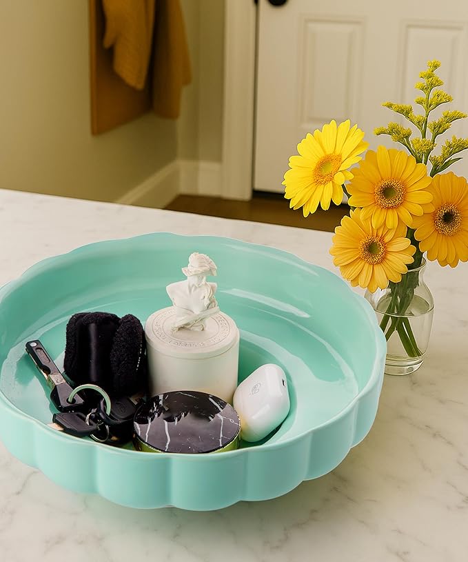 Nucookery Ceramic Petal Fruit Bowl for Kitchen Counter, 11 Inch Modern Decorative Bowl, Elegant Fruit & Vegetable Storage Container, Large Bread Basket, Mint Green