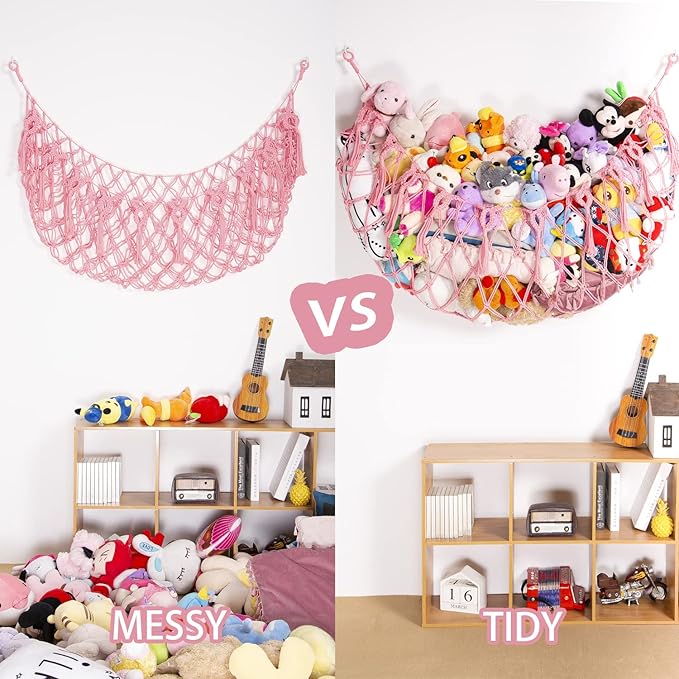 Stuffed Animal Net or Hammock Wall Hanging Net for Stuffed Animal Storage Macrame Toy Display Plush Toy Holder Soft Toy organizer for Nurery Baby Bedroom Playroom-Pink