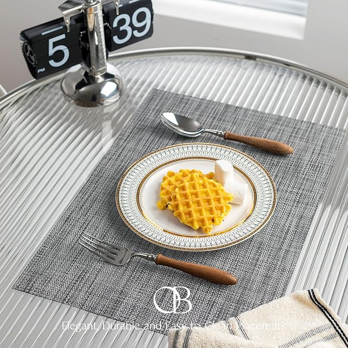 Placemats Set of 12 - Easy Clean Woven Vinyl Placemats for Dining Table, Indoor/Outdoor Place Mats, Washable PVC Table Mats(Dark Gray)