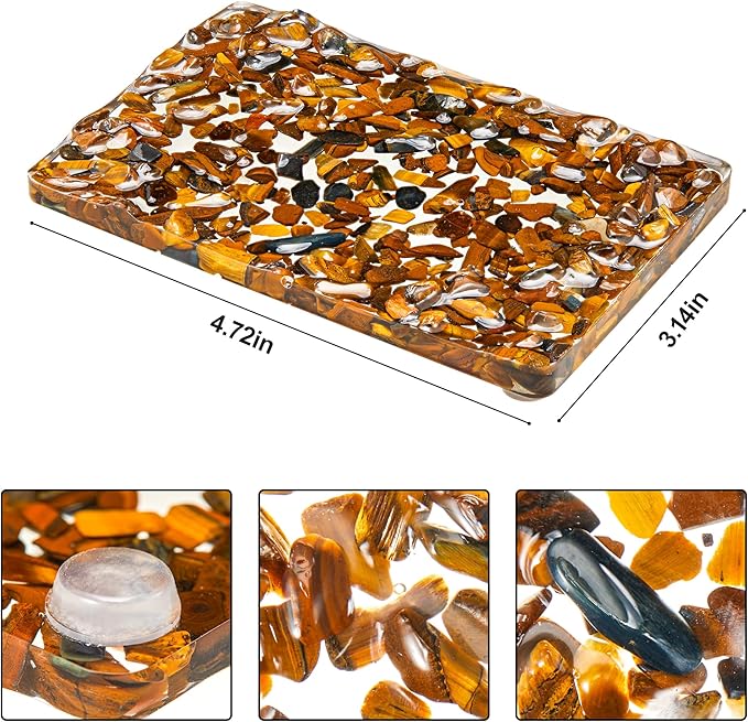 Handmade Tiger Eye Stone Rectangle Bar Soap Holder with Drainage Function, Crystal Dish for Shower and Bathroom Decor, Natural Soap Tray to Keep The Soap Dry Resin Kitchen Decoration(Tiger Eye Stone)