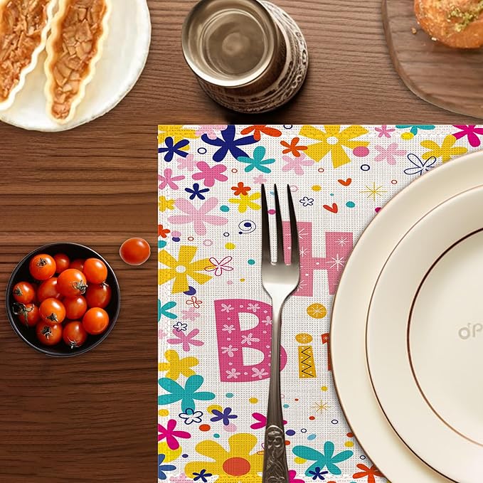 Happy Birthday Placemats Set of 6,Washable Heat Resistant 12×18 Inch Linen Table Mats Birthday Party Place Mats for Party Outdoor Dining Décor