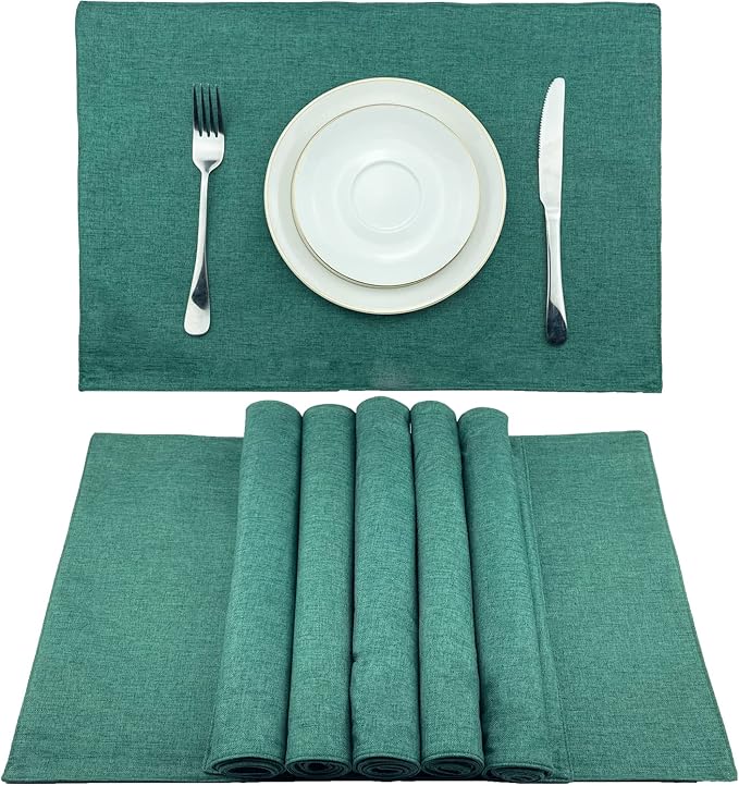 Weabetfu Cloth Placemats Set of 6 Heat Resistant Dining Table Placemmats Cotton Linen Machine Washable Kitchen Table Mats Wrinkle Free Thick Fabric Place Mat,Easy to Clean,13"x19",Green