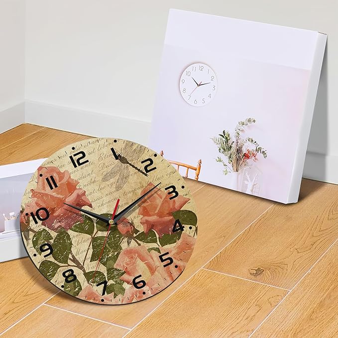 Wall Clock, Vintage Flowers with Roses and Dragonfly Wall Clock Silent Non-Ticking Battery Operated Clock 10 Inch, Home Decor for Living Room, Kitchen, Bedroom and Office