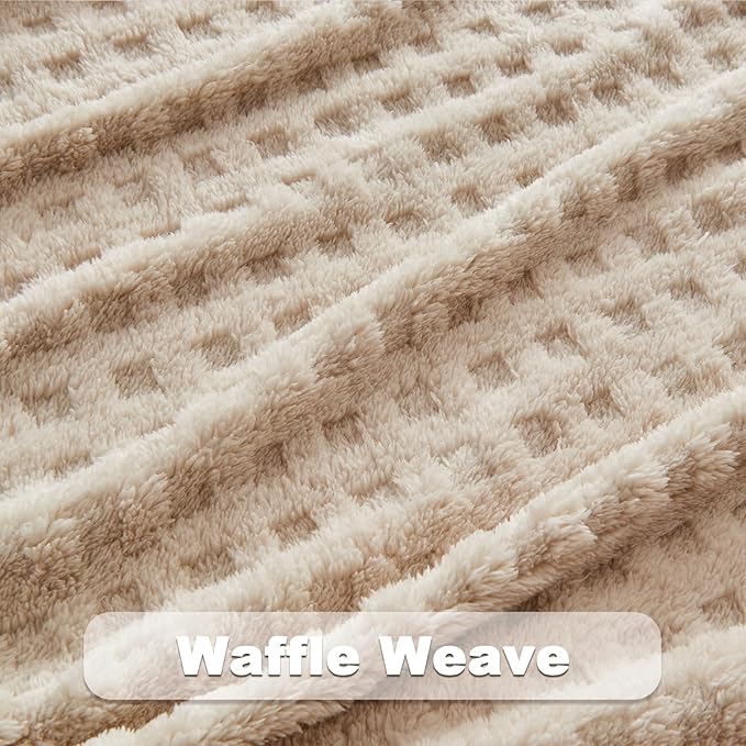 NEWCOSPLAY Super Soft Twin Blanket Linen Premium Silky Flannel Fleece 3D Waffle Checkered Lightweight Bed Blanket All Season Use (Linen, Twin(60"x80"))
