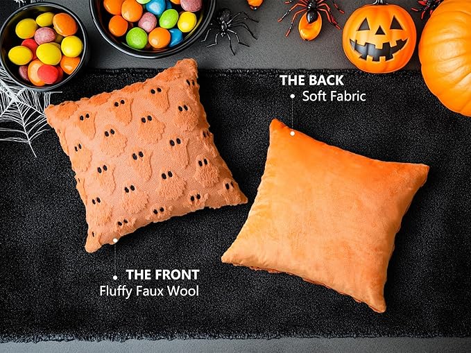4TH Emotion Halloween Ghost Decorative Pillow Covers 16x16 Set of 2, Orange Soft Plush Faux Fur Farmhouse Throw Cushion Cases for Fall Autumn Holiday Home Decorations