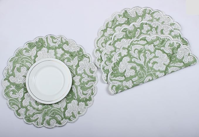 Ridhi Bo-ho Round Place Mat Double Layer Floral Cotton Washable Placemats 15" Round Embroidery Block Print Table Mat (Pack of 4-15 Inch Round, Sage Green)