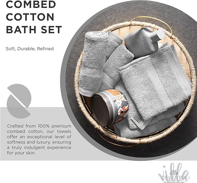 100% Combed Cotton Bathroom Towel Set of 8- 2 Bath Towels, 2 Hand Towels, 4 Wash Cloths, Sustainable, Soft, Highly Absorbent 8 Piece Cotton Bath Towel Set Ideal for Hotels, Spa, Bathroom, Dorm, Silver