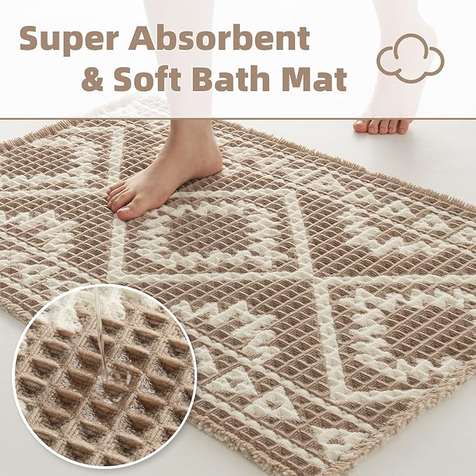 PADOOR-Waffle Bathroom Runner 24"x72", Super Absorbent Bath Mats for Bathroom, Machine Washable Non Slip Bath Rug with Tassels, Soft Bath Mat for Laundry Room, Bedroom, Brown & Cream, 2'x 6'