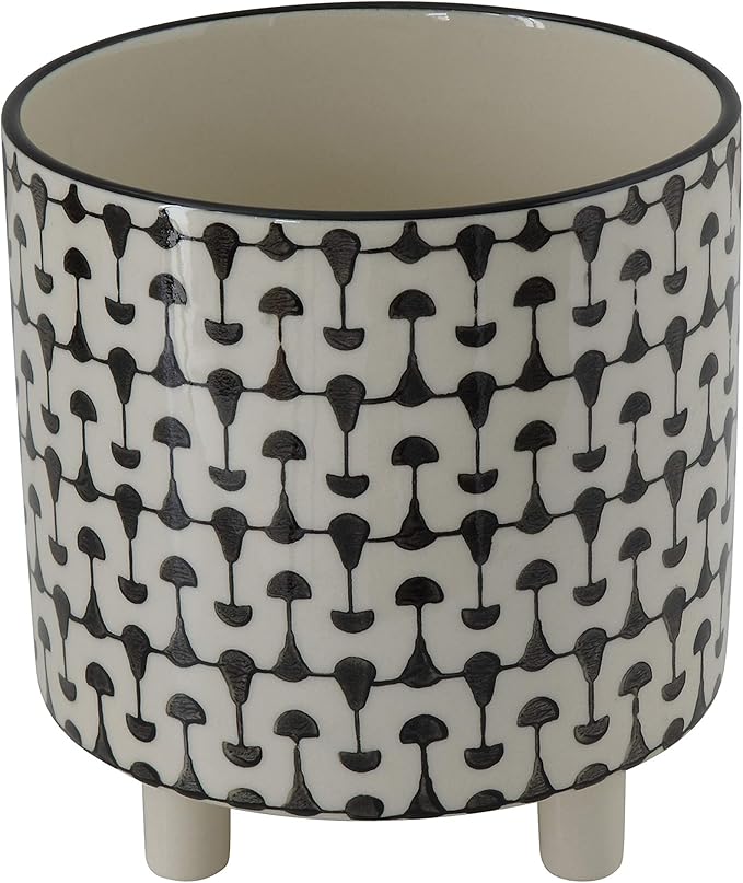 Creative Co-Op Footed Stoneware Planter with Abstract Print, Black and White