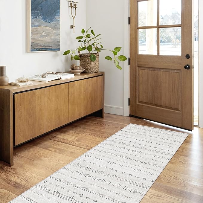 Deerly Soft Boho Farmhouse Rug - Light Grey, 2'6'' x 8' Washable Indoor/Outdoor Runner Rug with Rubber Backing for Entryway, Kitchen, Laundry, Bedroom