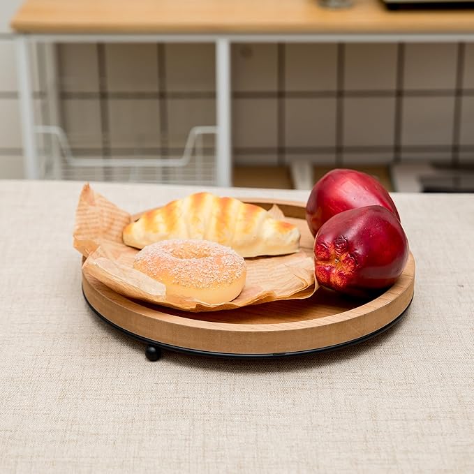 GENMOUS Round Wooden Tray for Coffee Table, Decorative Tray with Iron Bead for Home Decor, Candle Tray Rustic Farmhouse Trays Centerpiece for Living Room Decor, Kitchen Counter Table Dining Decor