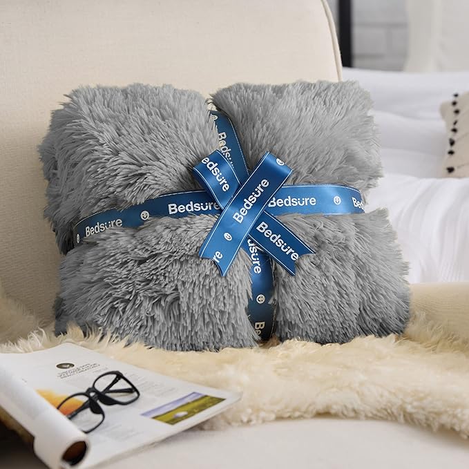 Bedsure Fuzzy Sherpa Faux Fur Twin Blanket Grey Cozy Gifts for Women Men, Soft Fleece Plush Warm Minky Thick Blanket Twin Size for Bed, Couch, Room Decor Dorm Essentials Grey Decor Gifts, 60x80