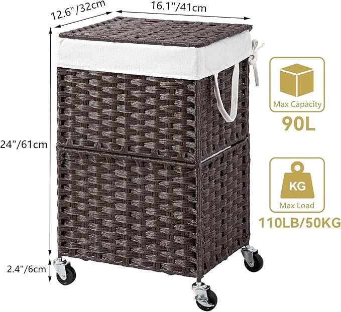 Chrislley 90L Slim Laundry Hamper with Wheels,Rolling Laundry Basket with Lid and Renovable Liner Bag,Handwoven Rattan Organizer for bedroom, bathroom, laundry room (Brown)
